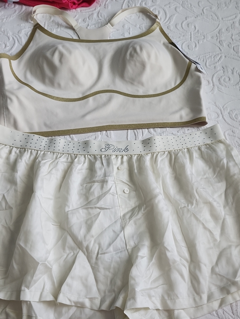 PINK Victoria's Secret Cream Seamless Bralette & Sleep Shorts with Gold Trim